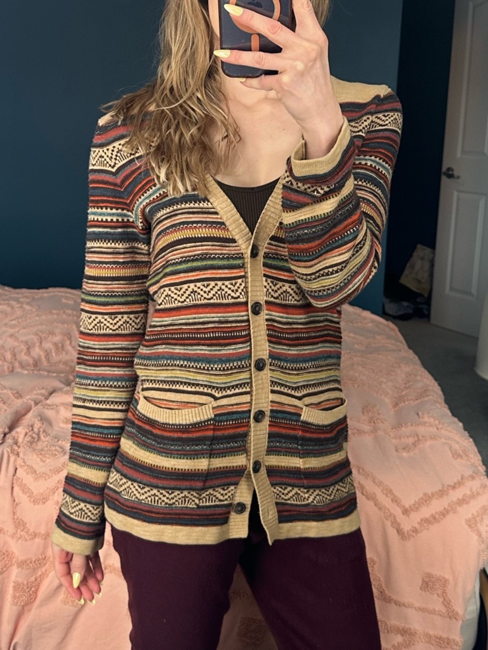 Eddie Bauer Beige Sweater with Multicolor Stripes